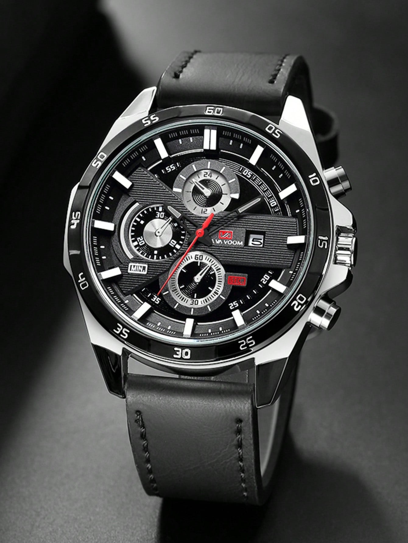 VA VA VOOM Va Va Voom Men'S Sport Watch, Black Leather Strap, Leisure & Party Timepiece, Fashionable Movement, Suitable for Students,As a Father'S Day Gift as a Gift for Students Returning to School
