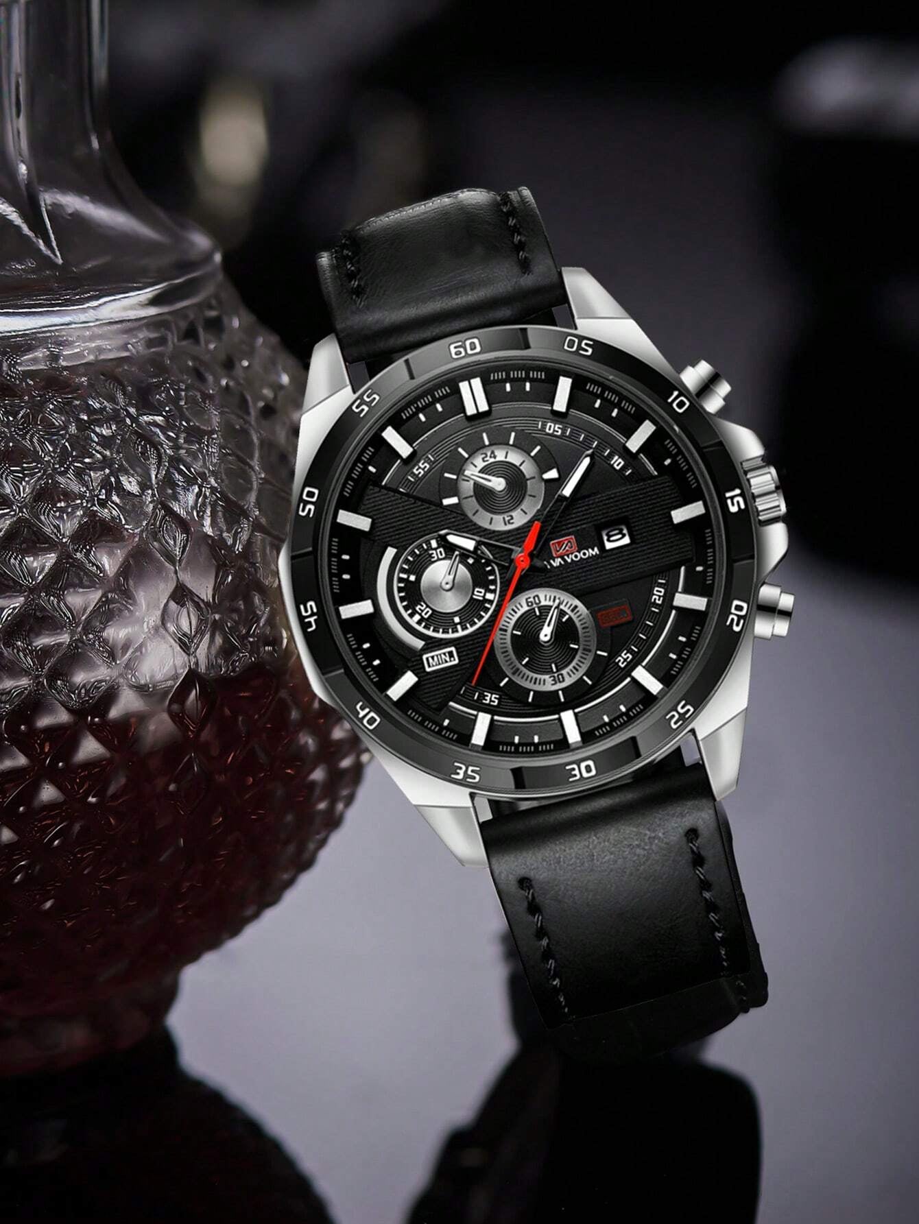 VA VA VOOM Va Va Voom Men'S Sport Watch, Black Leather Strap, Leisure & Party Timepiece, Fashionable Movement, Suitable for Students,As a Father'S Day Gift as a Gift for Students Returning to School