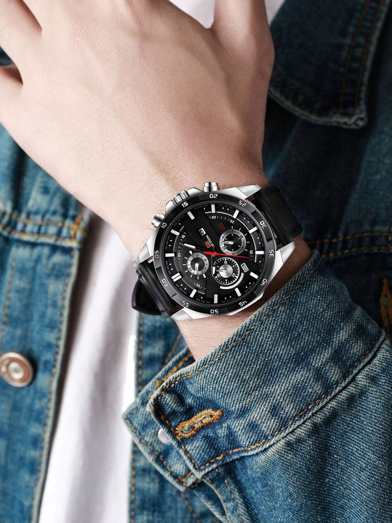 VA VA VOOM Va Va Voom Men'S Sport Watch, Black Leather Strap, Leisure & Party Timepiece, Fashionable Movement, Suitable for Students,As a Father'S Day Gift as a Gift for Students Returning to School