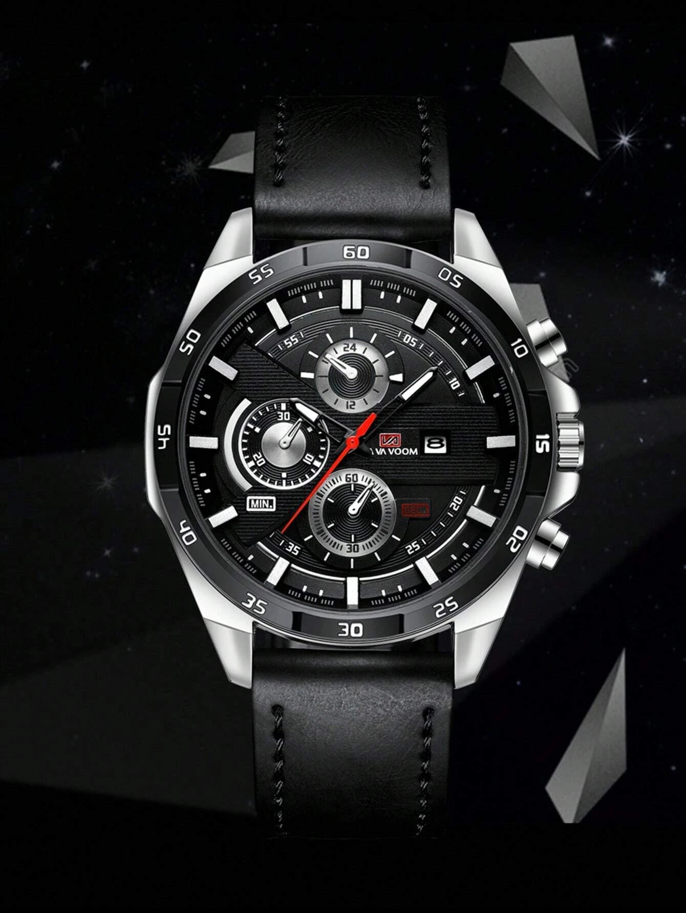 VA VA VOOM Va Va Voom Men'S Sport Watch, Black Leather Strap, Leisure & Party Timepiece, Fashionable Movement, Suitable for Students,As a Father'S Day Gift as a Gift for Students Returning to School