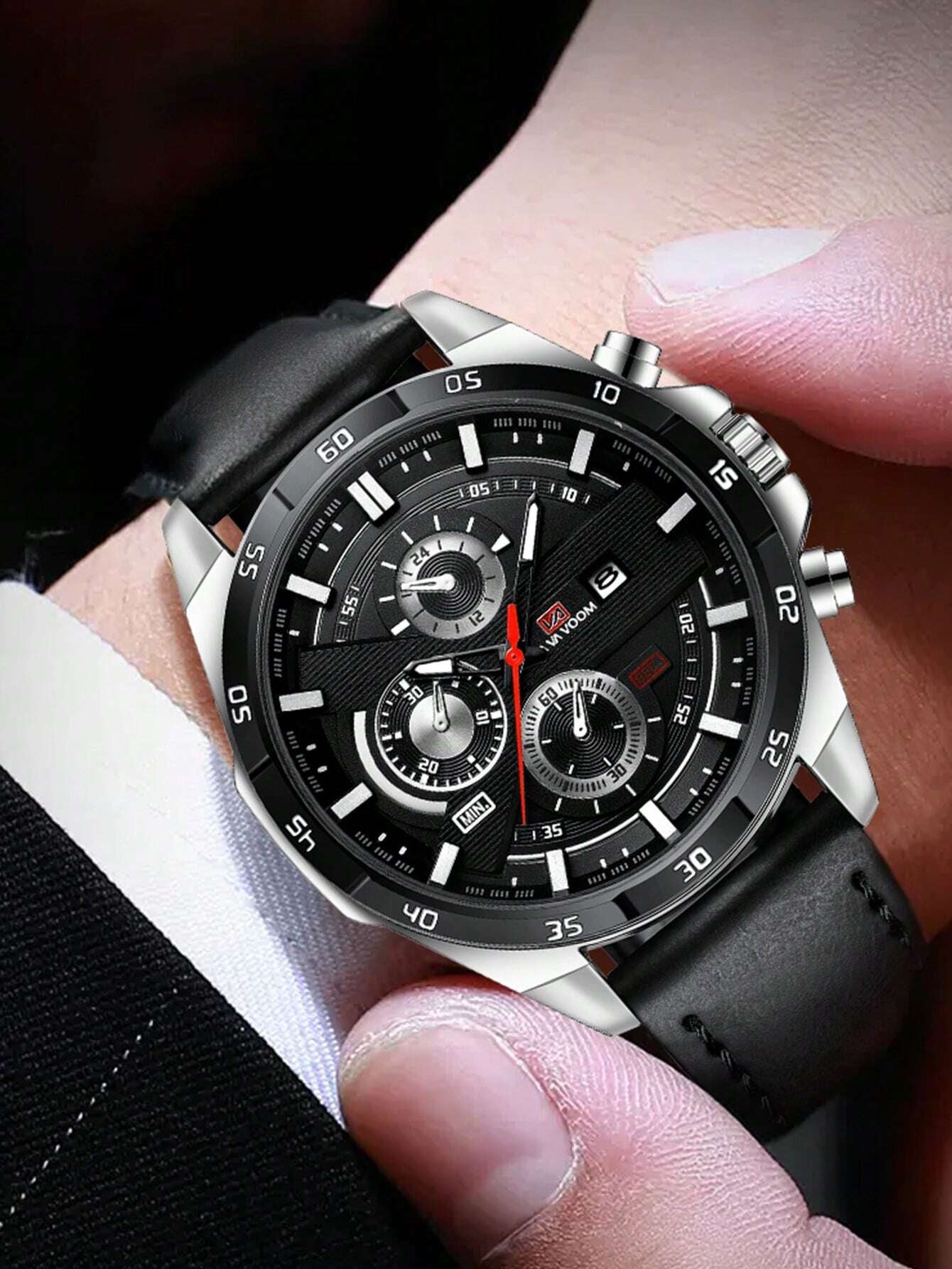 VA VA VOOM Va Va Voom Men'S Sport Watch, Black Leather Strap, Leisure & Party Timepiece, Fashionable Movement, Suitable for Students,As a Father'S Day Gift as a Gift for Students Returning to School
