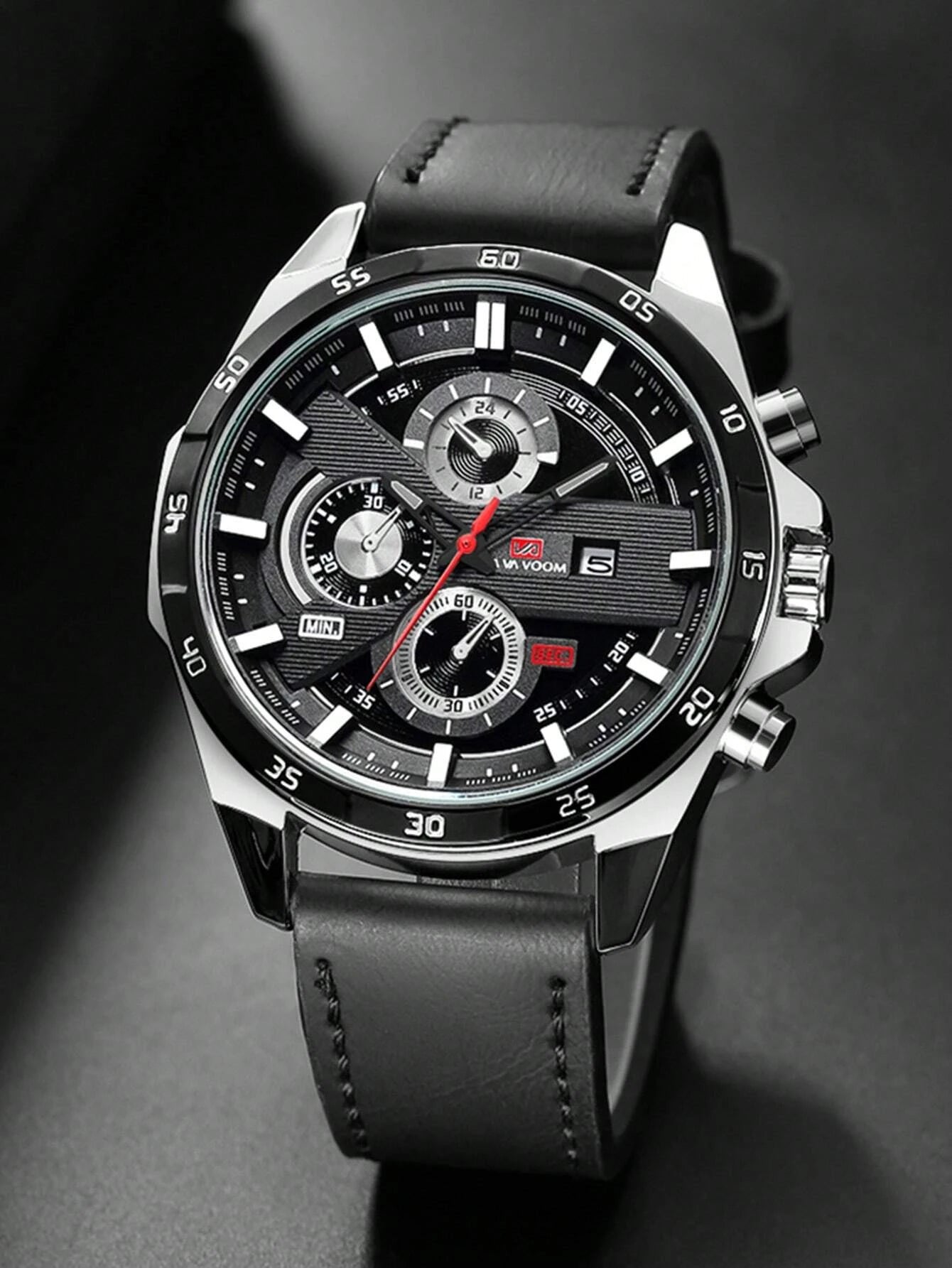 VA VA VOOM Va Va Voom Men'S Sport Watch, Black Leather Strap, Leisure & Party Timepiece, Fashionable Movement, Suitable for Students,As a Father'S Day Gift as a Gift for Students Returning to School