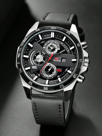 VA VA VOOM Va Va Voom Men'S Sport Watch, Black Leather Strap, Leisure & Party Timepiece, Fashionable Movement, Suitable for Students,As a Father'S Day Gift as a Gift for Students Returning to School