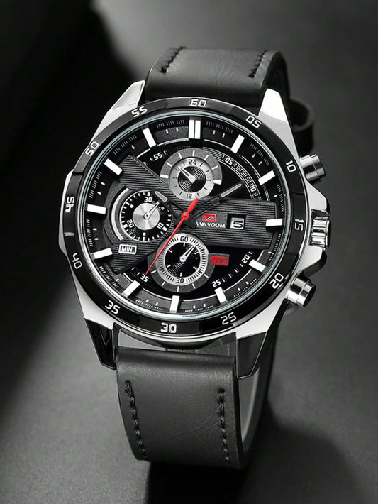 VA VA VOOM Va Va Voom Men'S Sport Watch, Black Leather Strap, Leisure & Party Timepiece, Fashionable Movement, Suitable for Students,As a Father'S Day Gift as a Gift for Students Returning to School