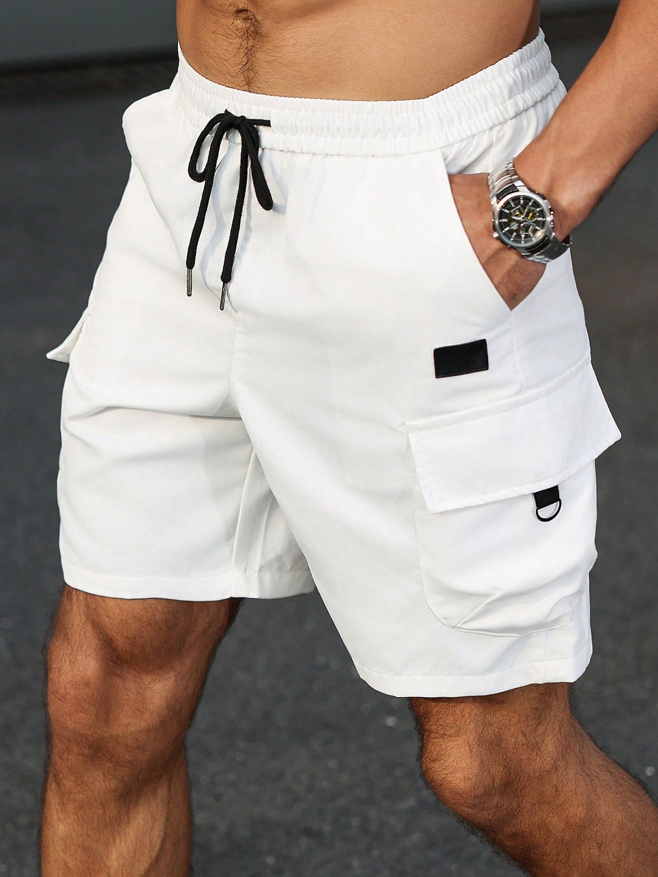 Manfinity Homme Men'S Solid Color Elastic Waist Straight Leg Cargo Shorts
