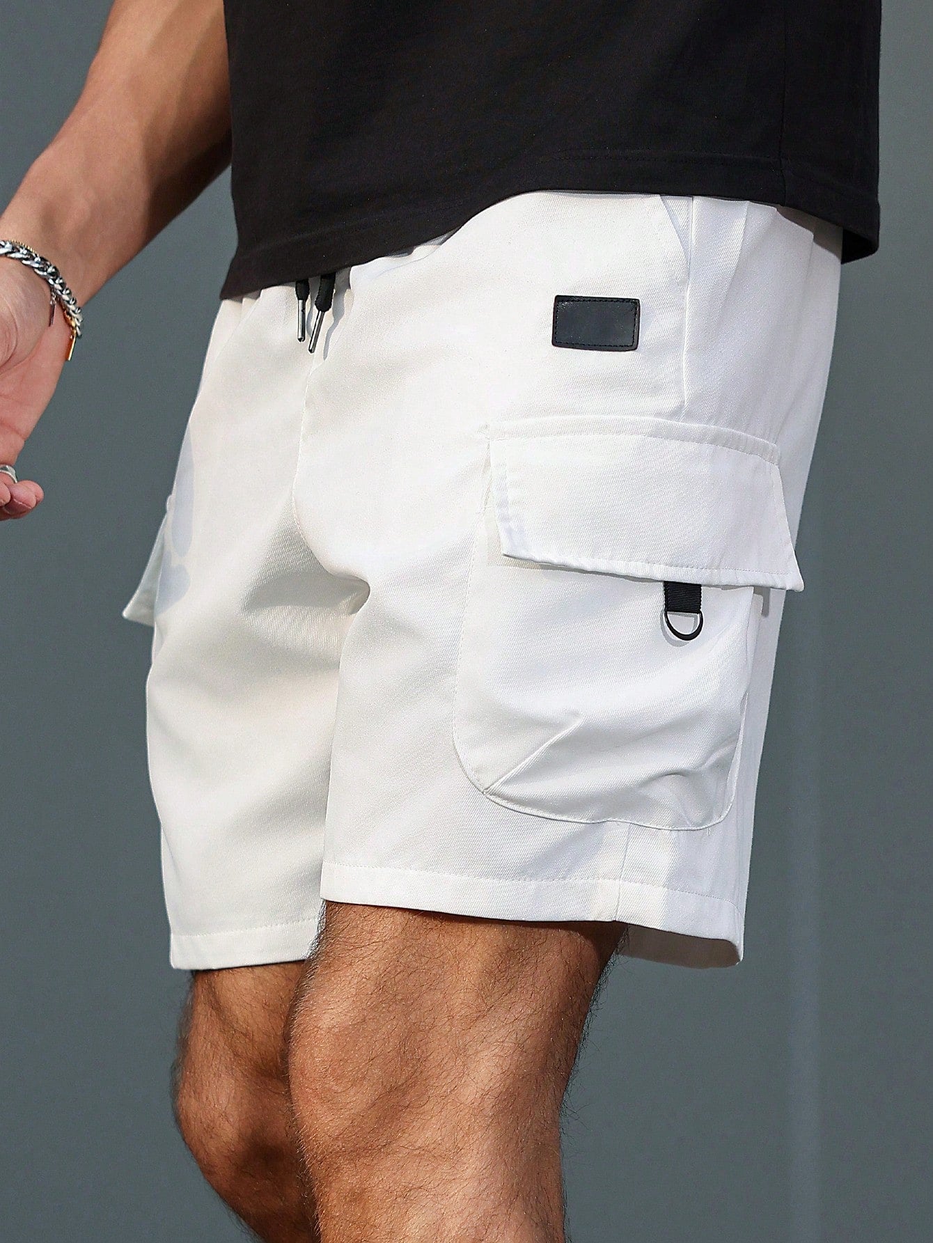 Manfinity Homme Men'S Solid Color Elastic Waist Straight Leg Cargo Shorts