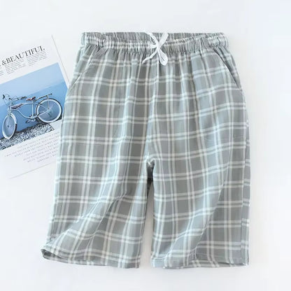Men'S Cotton Gauze Trousers Plaid Knitted Sleep Pants Woman Pajamas Pants Bottoms Sleepwear Short for Couples Pijama Hombre