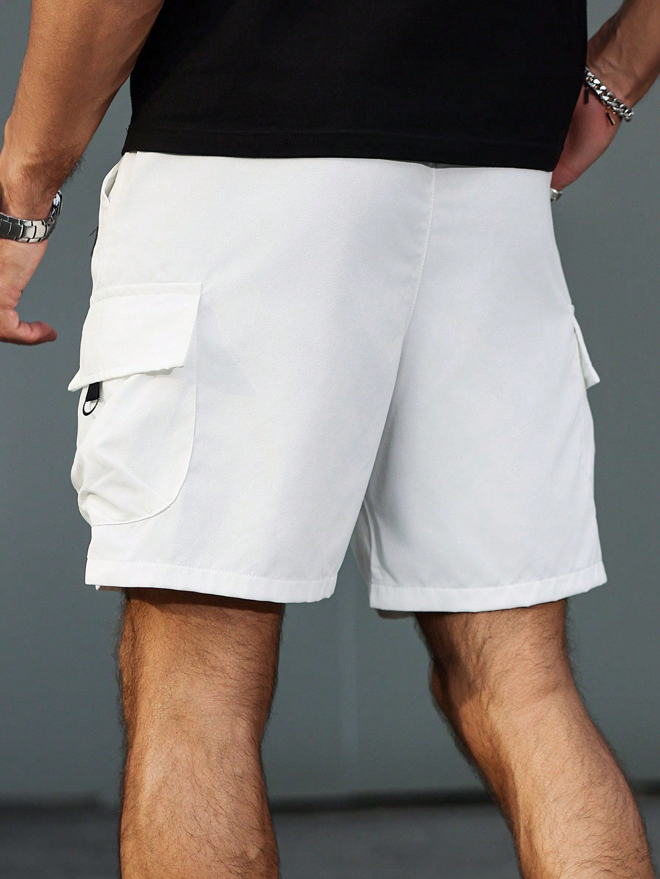 Manfinity Homme Men'S Solid Color Elastic Waist Straight Leg Cargo Shorts