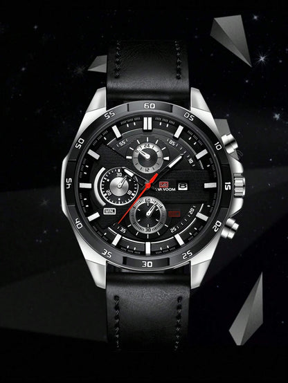 VA VA VOOM Va Va Voom Men'S Sport Watch, Black Leather Strap, Leisure & Party Timepiece, Fashionable Movement, Suitable for Students,As a Father'S Day Gift as a Gift for Students Returning to School