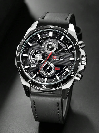 VA VA VOOM Va Va Voom Men'S Sport Watch, Black Leather Strap, Leisure & Party Timepiece, Fashionable Movement, Suitable for Students,As a Father'S Day Gift as a Gift for Students Returning to School
